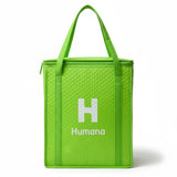 Green tote bag with 'Humana' logo on a white background