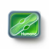 Container with a fork and spoon icon and 'Humana' branding on a white background
