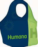 A neoprene lunch bag with the Humana logo, featuring a blue green color scheme with a zipper.