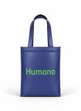Blue non-woven Humana tote bag, centered front view