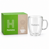 Humana 8 oz double-wall glass coffee mug beside its green gift box