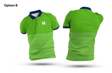 Green/Blue Humana custom polo, front and back design rendering
