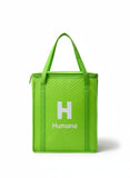 Green insulated cooler tote with white Humana H logo and zippered top