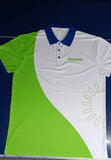 Actual Green/White Humana custom polo, front view with navy collar