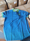 Actual Blue/Green Humana custom polo, front view with green collar and chest H