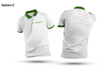 White/Green Humana custom polo, front and back design rendering
