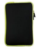 Black tablet sleeve with green zipper on a white background