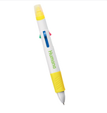A yellow and white pen with a highlighter on top, featuring a rubber grip and a twist-off cap.